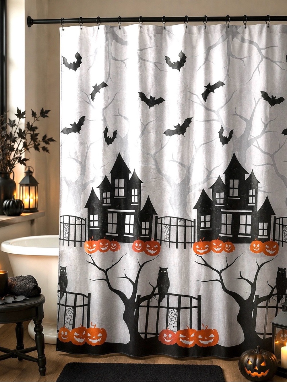 HALLOWEEN SHOWER CURTAIN HAUNTED HOUSE CEMETERY BATS OWLS JACK O LANTERN 72X72